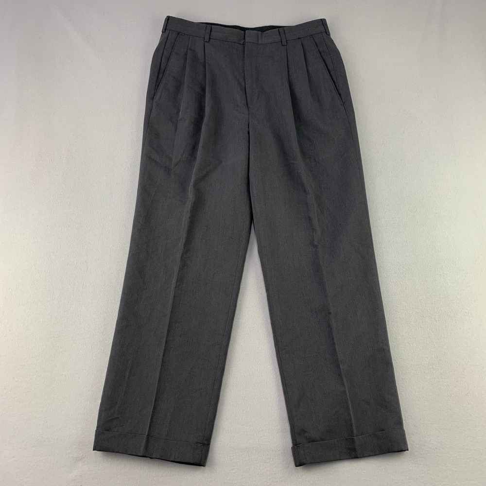 Haggar Pleated Dress Pants Mens 34x30 Gray Classic Fit Cuffed Rayon Blend Formal